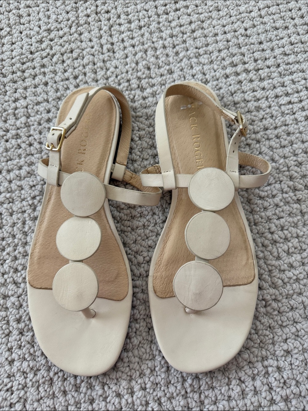 Jack Rogers Worth Cream Leather T-Strap Sandals with Circle Accents